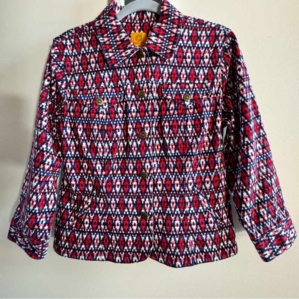 Ruby Rd Red White Blue Button Down Denim Jacket Patriotic Womens Size 10 Coastal